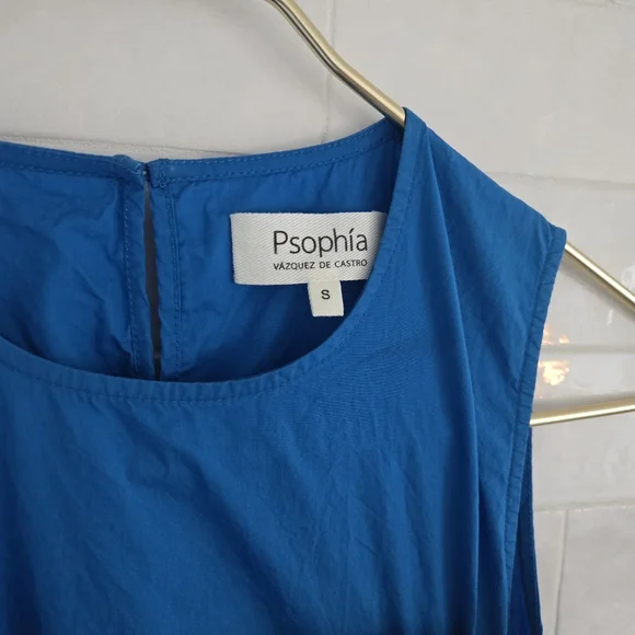 Psophia Cobalt Blue Ruffle Midi Dress Sleeveless Belted Size Small 100% Cotton - Picture 3 of 9